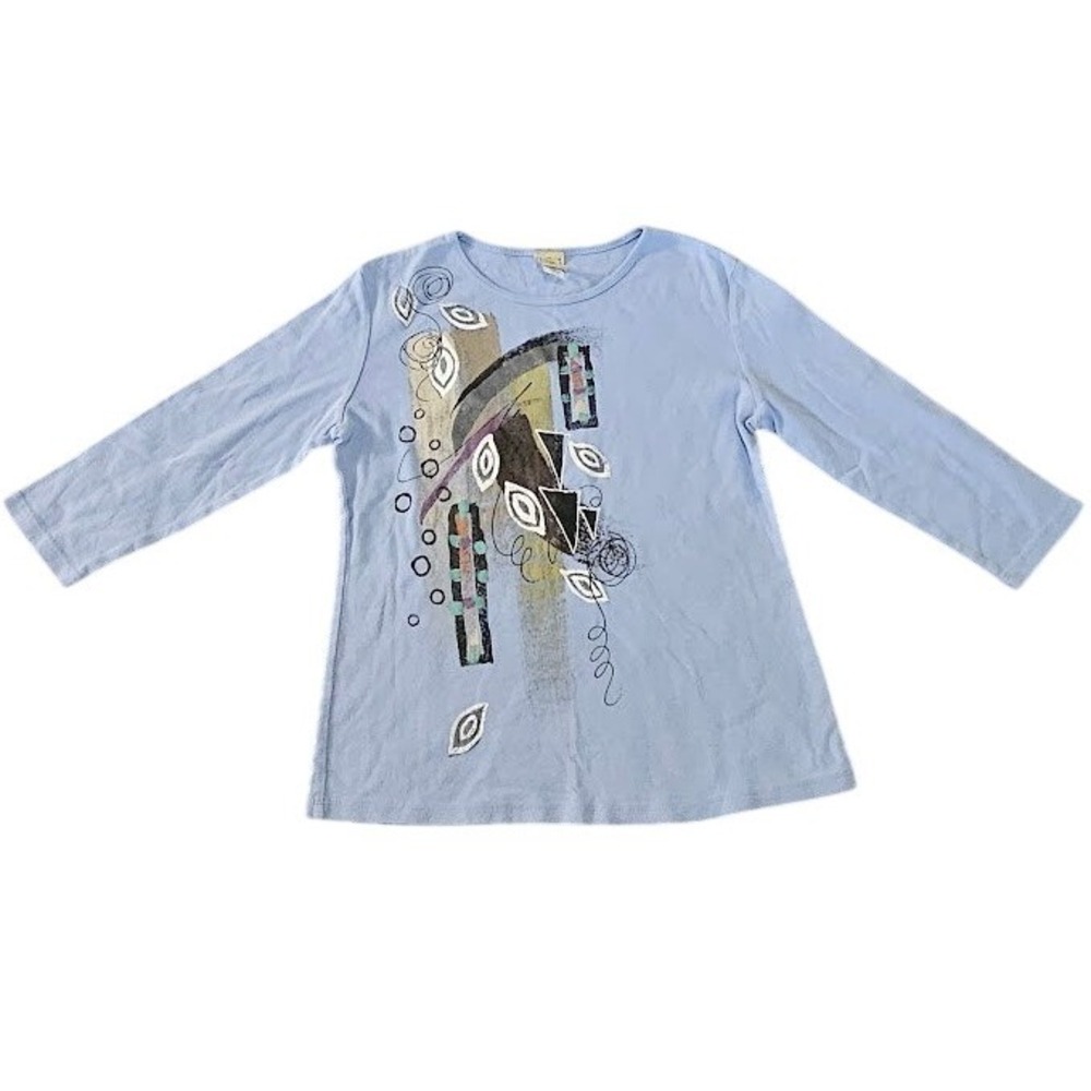 Jess & Jane Rain Drops Blue Abstract Graphic Long Sleeve Cotton Top Small Artsy